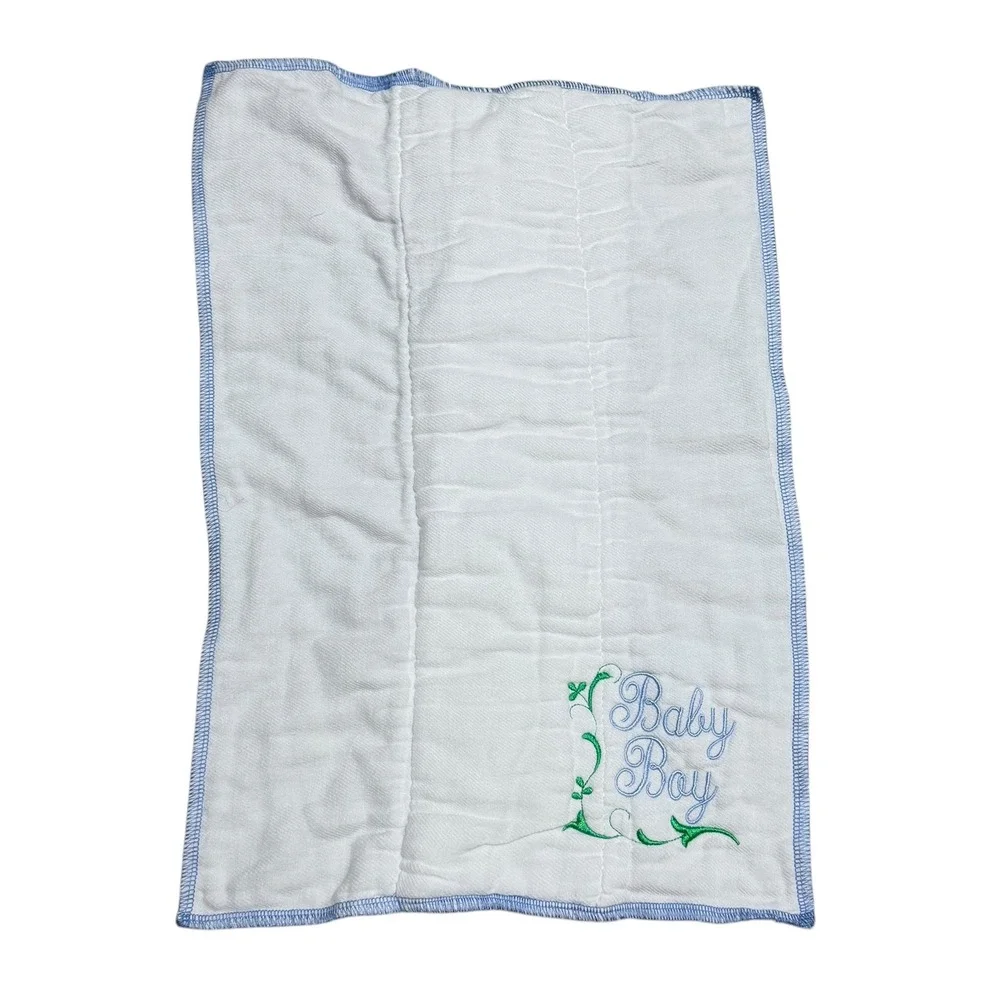 Vintage White Cotton Gauze Burp Cloth‎ Baby Boy Blue Embroidery Serged Edge